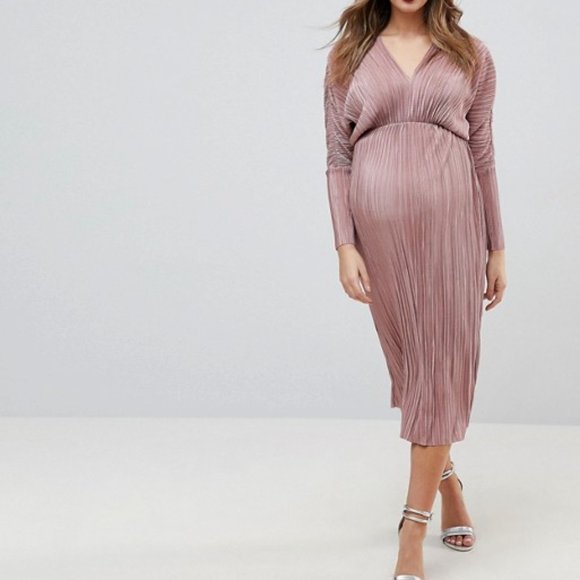 ASOS MATERNITY Batwing V-Neck Plisse Midi Dress - Picture 1 of 6